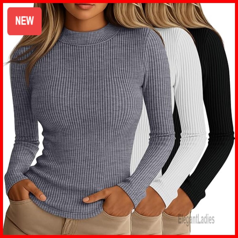 3 Pack Slim Fit Mock Turtleneck Long Sleeve Tops, Rayon Spandex Layering Tees